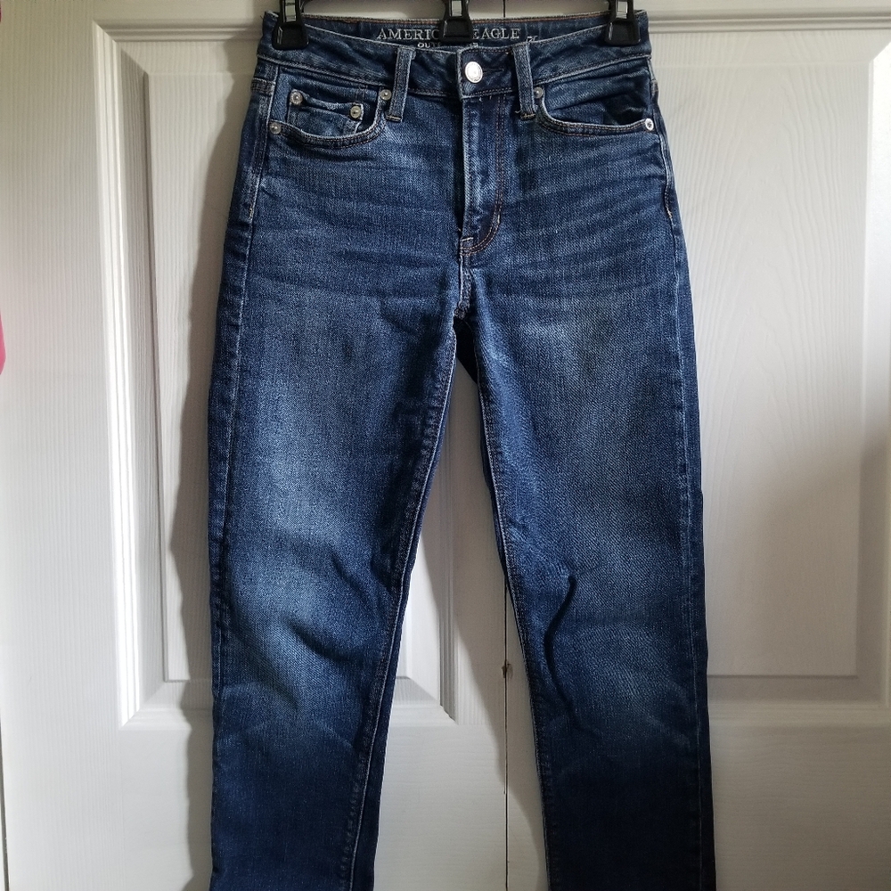 American Eagle Women's Jeans 00 Blue Dark Wash Straight Leg Hi-Rise Slim